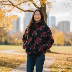 Hollister Red Rose Sherpa Deep Pile 1/2 Zip Pullover S Soft Warm Goth Roses